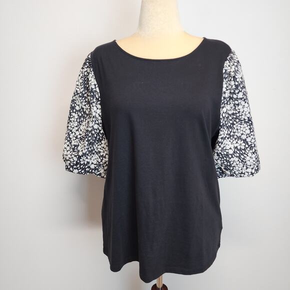 Talbots Floral Puff Sleeve Top Size XL Black Stretch Keyhole Ribbed Round Neck - Picture 3 of 11